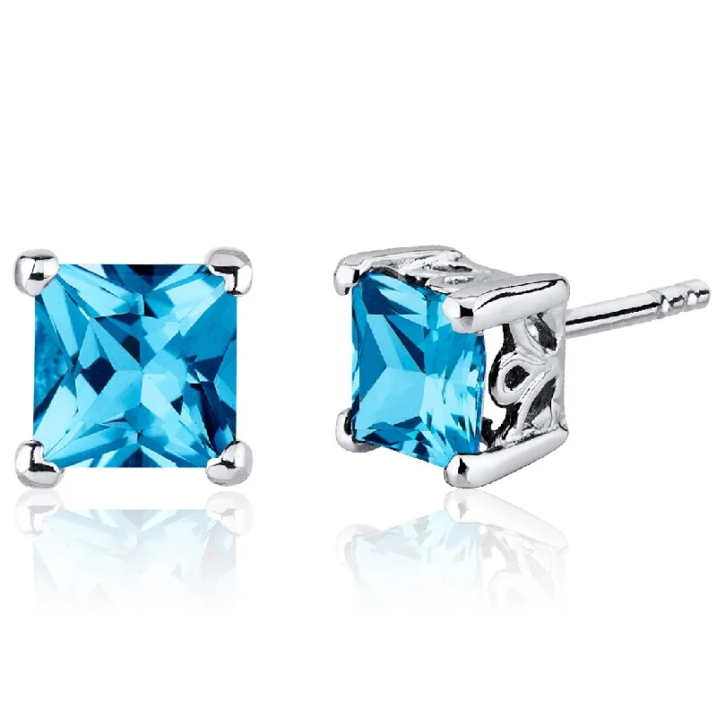 Sterling Silver 2.5ct Swiss Blue Topaz Princess Stud Earrings