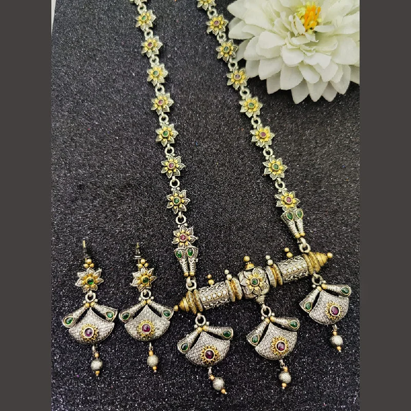 Fancyla 2 Tone Plated Pota Stone And Pearls Long Necklace Set