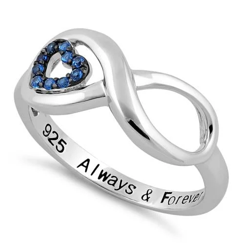 Sterling Silver Infinity Blue Spinel Heart "Always & Forever" Engraved CZ Ring