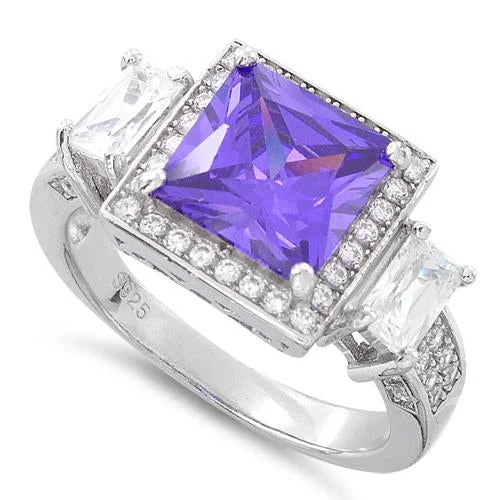 Sterling Silver Three Stone Amethyst Square CZ Ring