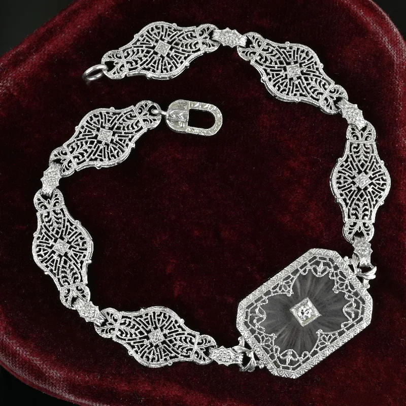 Art Deco Platinum Filigree Diamond Rock Crystal Bracelet