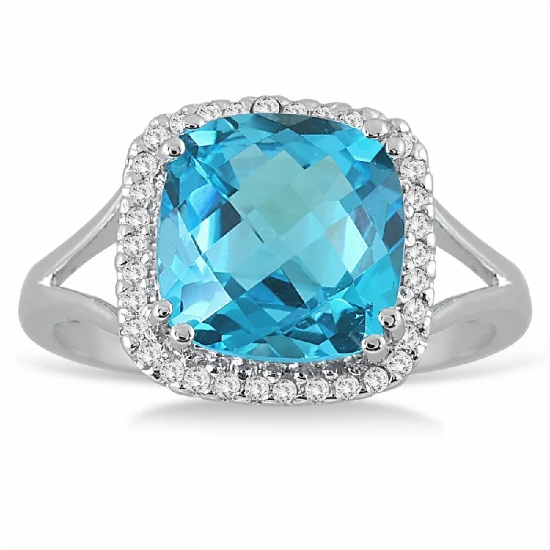 5 1/4 Carat Cushion Cut Blue Topaz and Diamond Ring in 14k White Gold