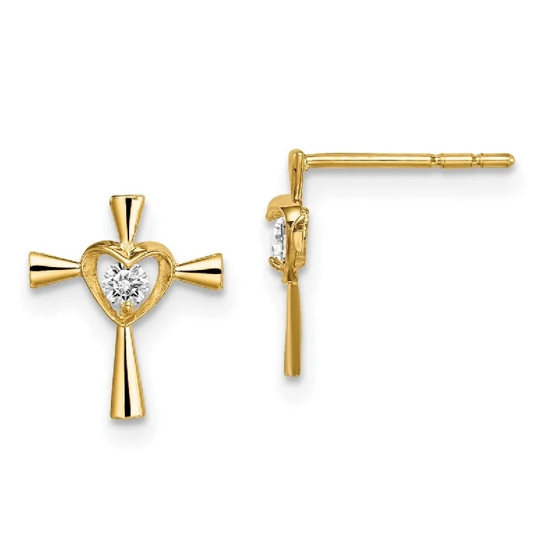 Curata 14k Yellow Gold CZ Cubic Zirconia Religious Faith Cross With Love Heart Post Earrings - 10.6mm long