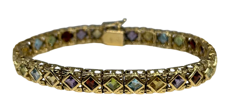 Vintage Multi Gemstone 14K Gold Bracelet,  7.5"