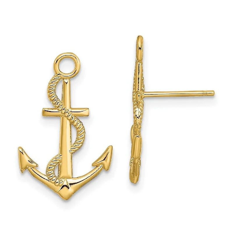 Curata 14k Yellow Gold Textured Nautical Anchor With Rope Post Earrings 20mm