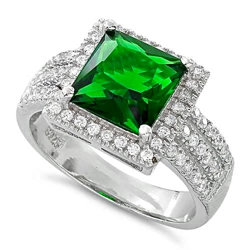 Sterling Silver Green Princess Cut CZ Halo Ring