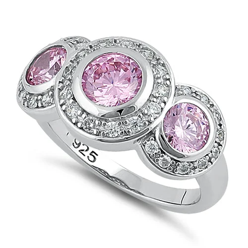 Sterling Silver Pink Three Stone Halo CZ Ring