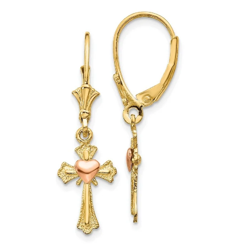 Curata 14k Two Tone Dangle Gold Heart Cross Leverback Earrings 32x9mm