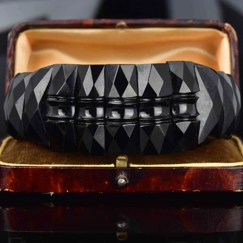 Antique Victorian Geometric Carved Whitby Jet Bracelet