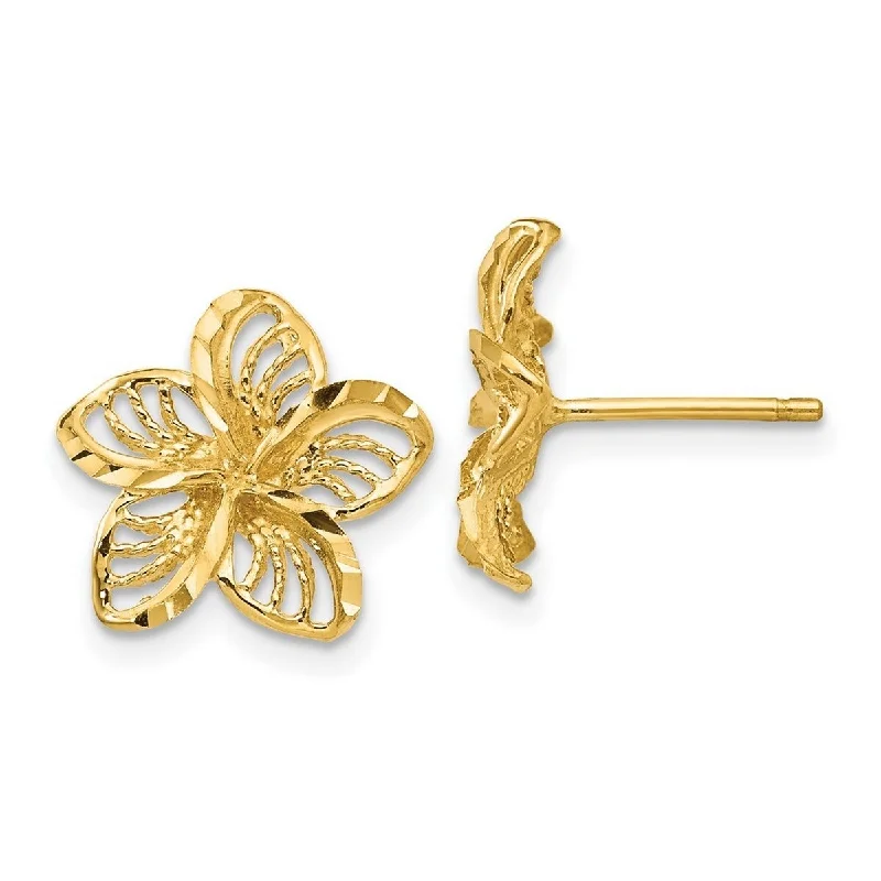 Curata 14k Yellow Gold 11x12mm Satin Textured Filigree Plumeria Post Earrings