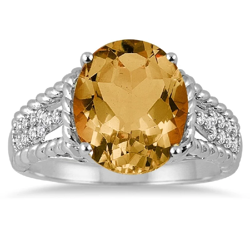 4.20 Carat Oval Shape Citrine and Diamond Ring in 14K White Gold