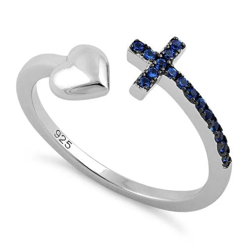 Sterling Silver Heart Cross Blue Sapphire CZ Ring