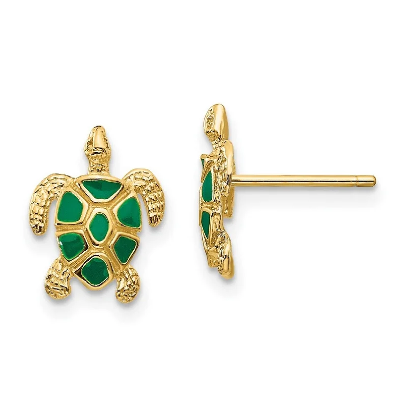 Curata 14k Yellow Gold Textured Green Enamel Sea Turtle Post Earrings (9mm x 11mm)