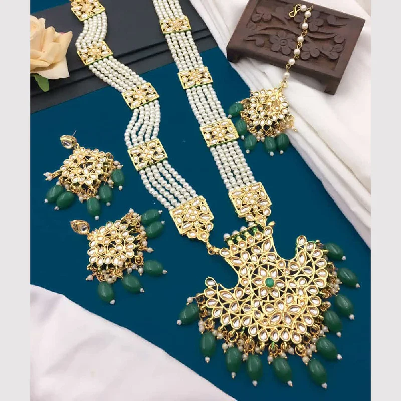 5G Jewellery Gold Plated Kundan Stone And Beads Long Necklace Set