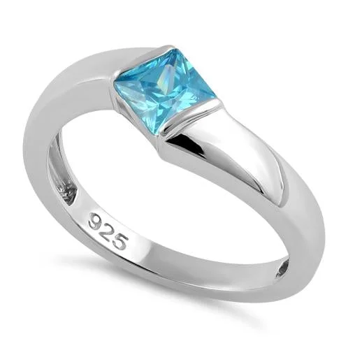 Sterling Silver Channel Bar Square Aqua CZ Ring