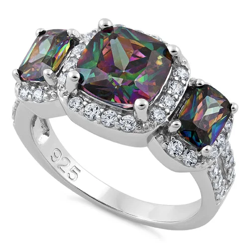 Sterling Silver Three Stone Halo Rainbow CZ Ring