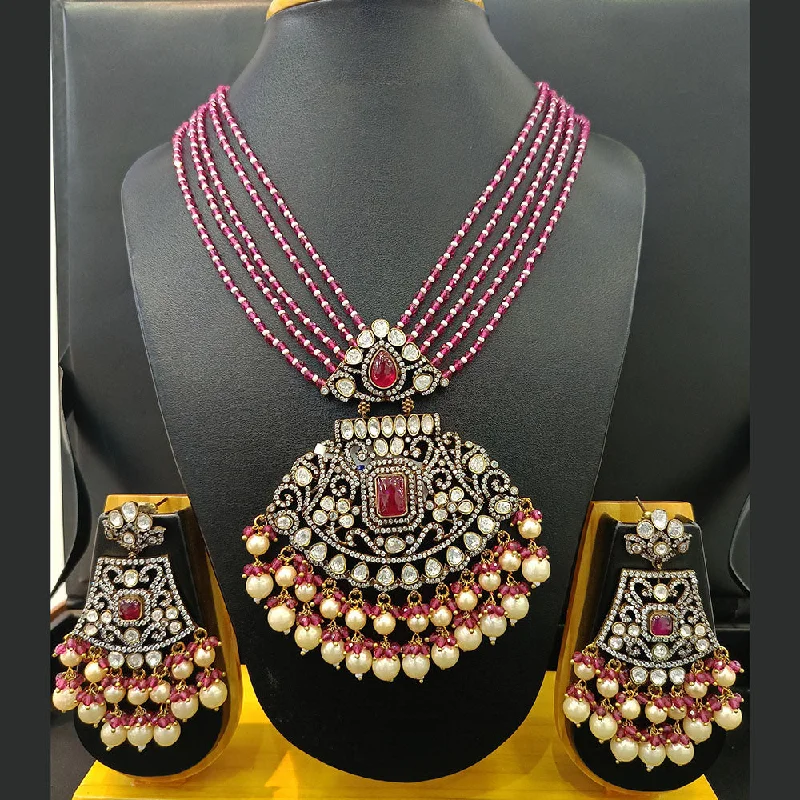 Jain Jewellers 2 Tone Plated Polki Kundan And Pearls Long Necklace Set