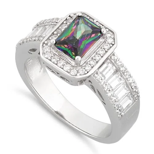 Sterling Silver Emerald Cut Rainbow Topaz Clear CZ Ring