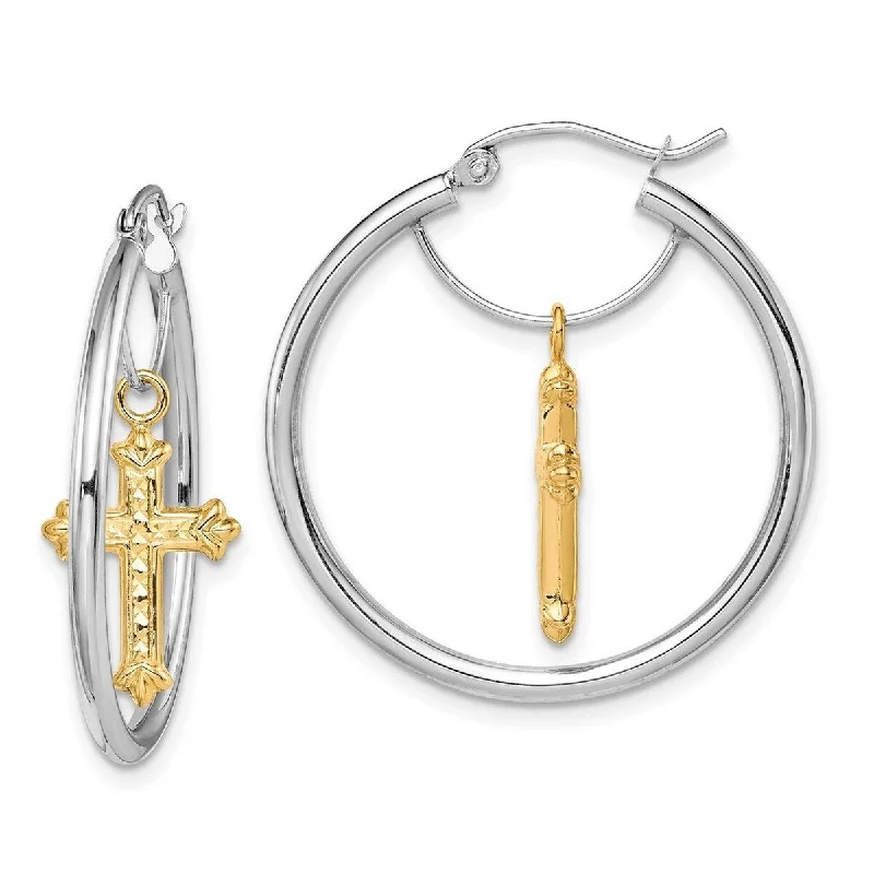 Curata 14k Two tone Gold Sparkle Cut Religious Faith Cross Dangle Hoop Earrings 29.4x27.7mm