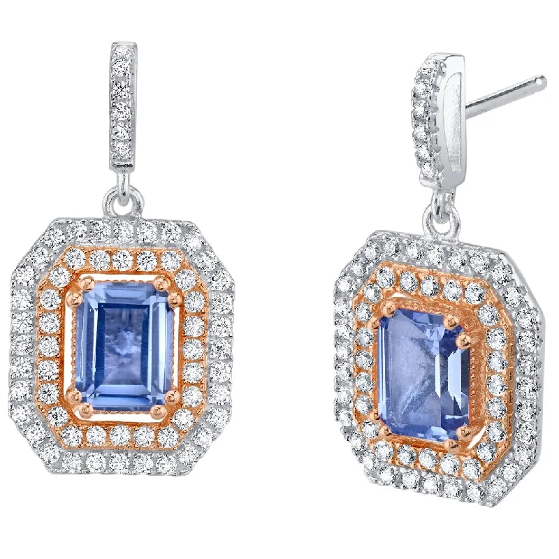 Sterling Silver 4ct Simulated Tanzanite Radiant Dangling Earrings