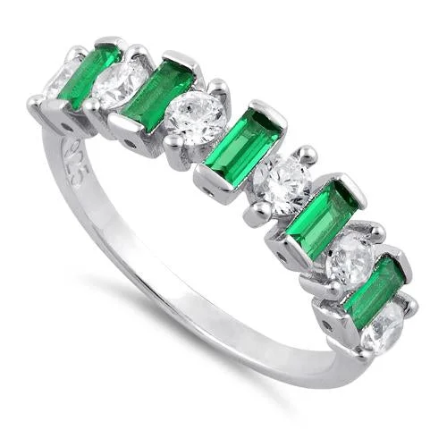 Sterling Silver Round & Baguette Emerald CZ Ring