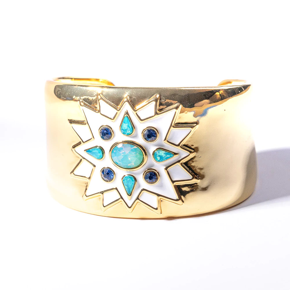 Gold Cuff with White Enamel, Sapphire and Aqua Gem Center