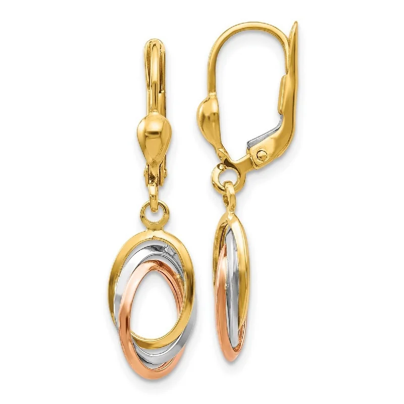 Curata 14k Tri Color Gold 30x5mm Polished Dangle Triple Oval Leverback Earrings