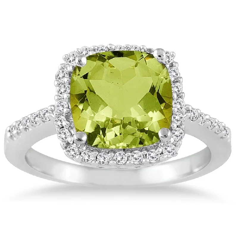 2 1/2 Carat Cushion Cut Peridot and Diamond Ring 14K White Gold