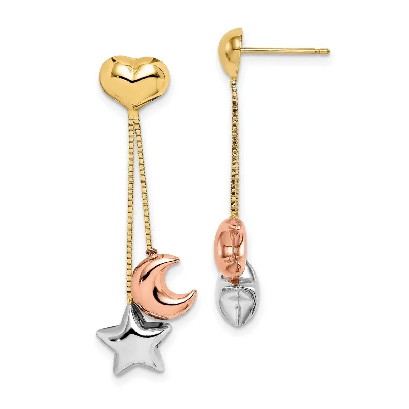 Curata 14k Tri-color Gold Heart Star and Moon Dangle Post Earrings (6mm x 35mm)