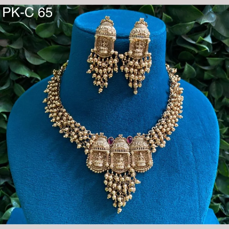 Amoliya Jewels Gold Plated Pota Stone And Pearls Temple Necklace Set