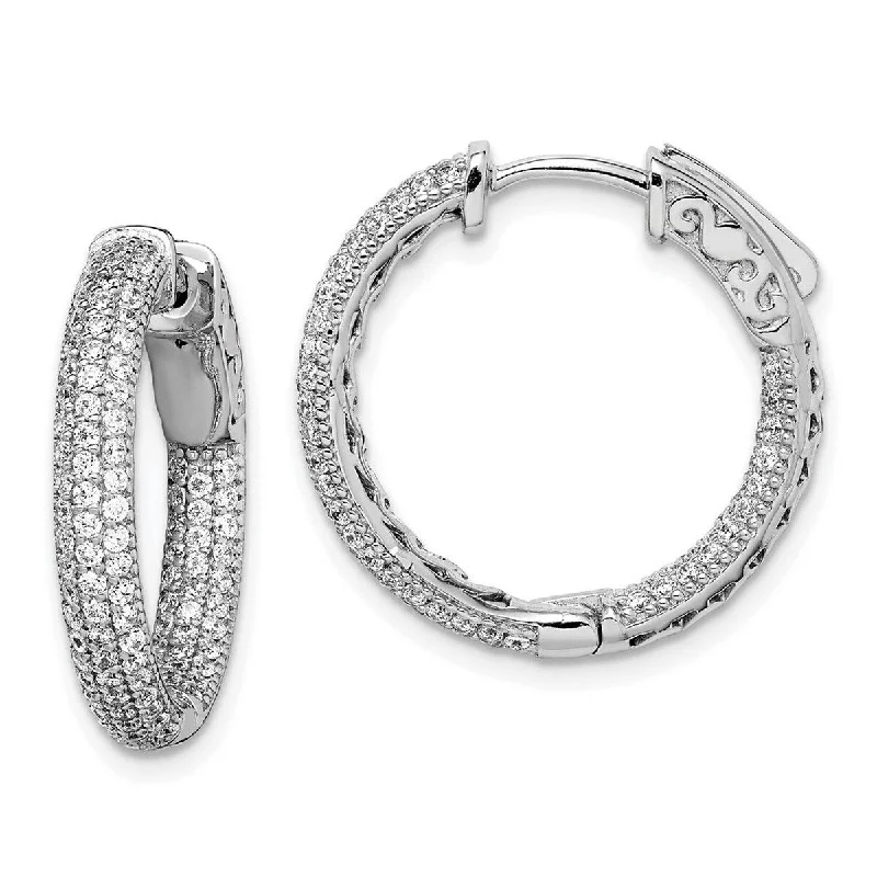 Curata 925 Sterling Silver Polished Rhodium Plated With CZ Cubic Zirconia 21x3mm Hinged Hoop Earrings -