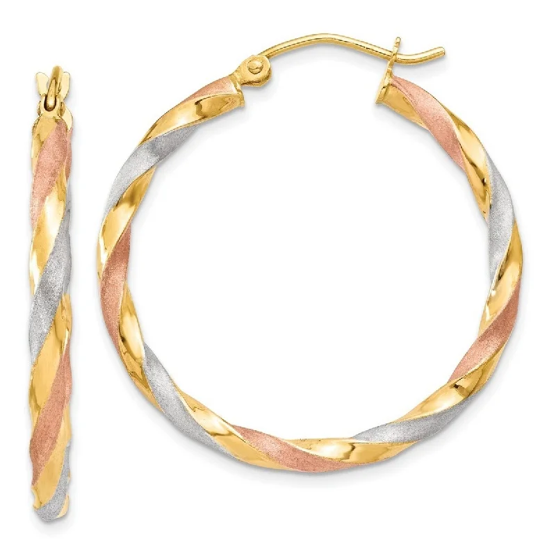 Curata 14k Tri Color Gold Satin Twisted Hoop Earrings - 34x3mm