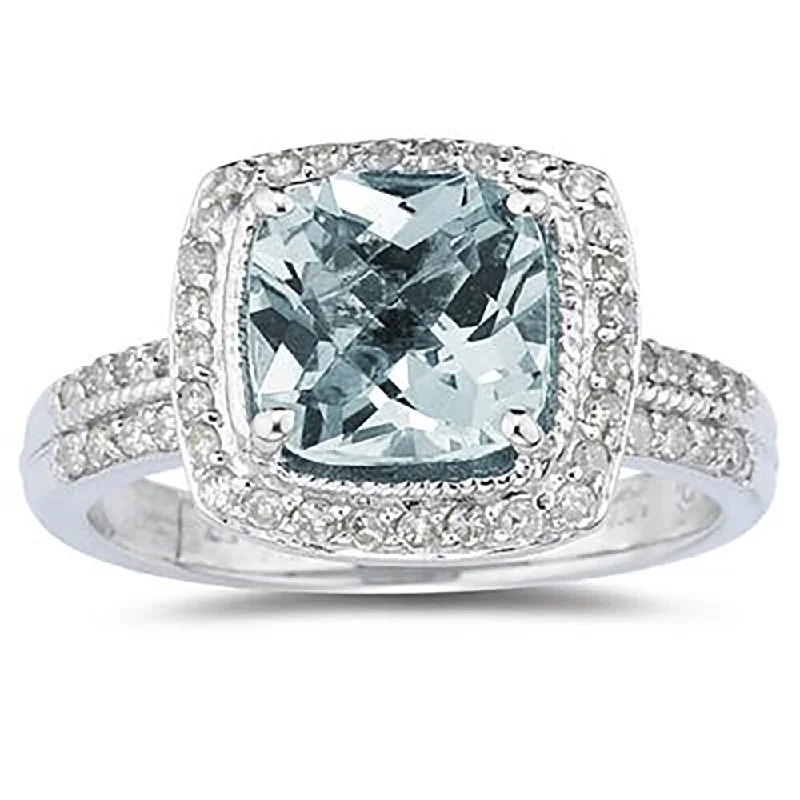 2 1/2 Carat Cushion Cut Aquamarine & Diamond Ring in 14K White Gold