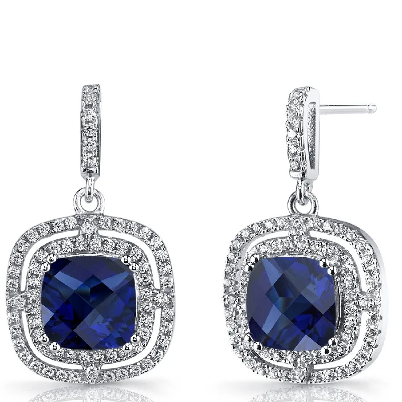 Sterling Silver 6ct Created Sapphire Cushion Dangling Earrings