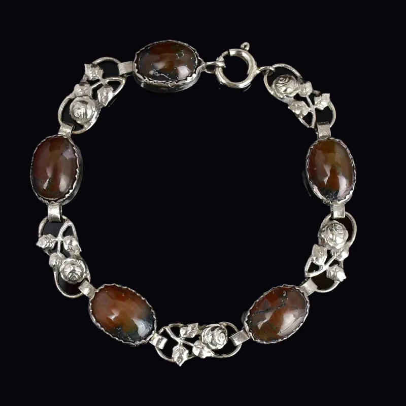 Vintage Arts and Crafts Style Silver Scottish Moss Agate Bracelet