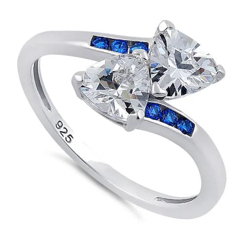 Sterling Silver Double Trillion Cut Clear & Blue Spinel CZ Ring