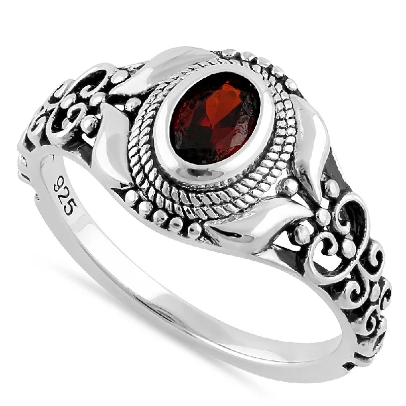 Sterling Silver Austere Oval Cut Dark Garnet CZ Ring