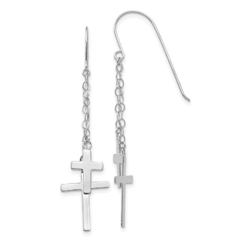 Curata 14k White Gold 56x12mm Double Cross Chain Dangle Hook Earrings