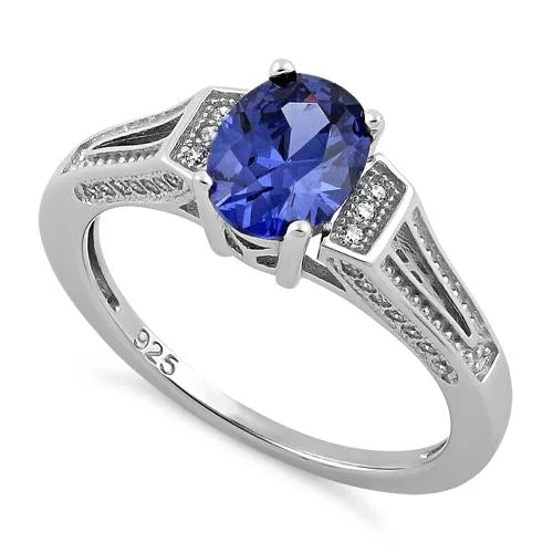 Sterling Silver Elegant Oval Tanzanite CZ Ring