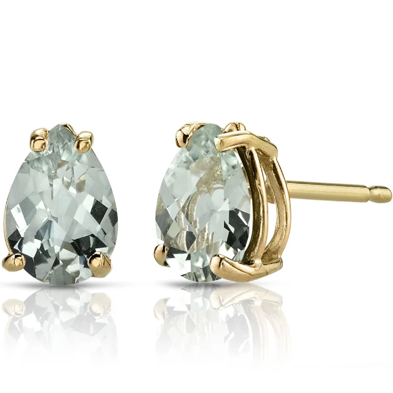 14k Yellow Gold Green Amethyst Stud Earrings 1.34ct Pear Shape