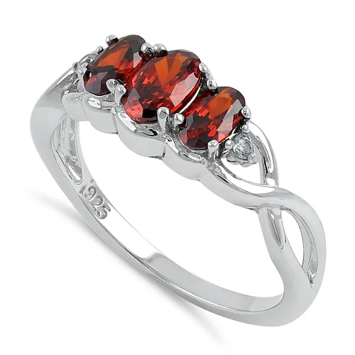 Sterling Silver Triple Oval Garnet CZ Ring