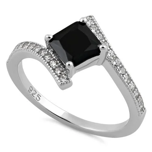 Sterling Silver Elegant Princess Cut Black CZ Ring