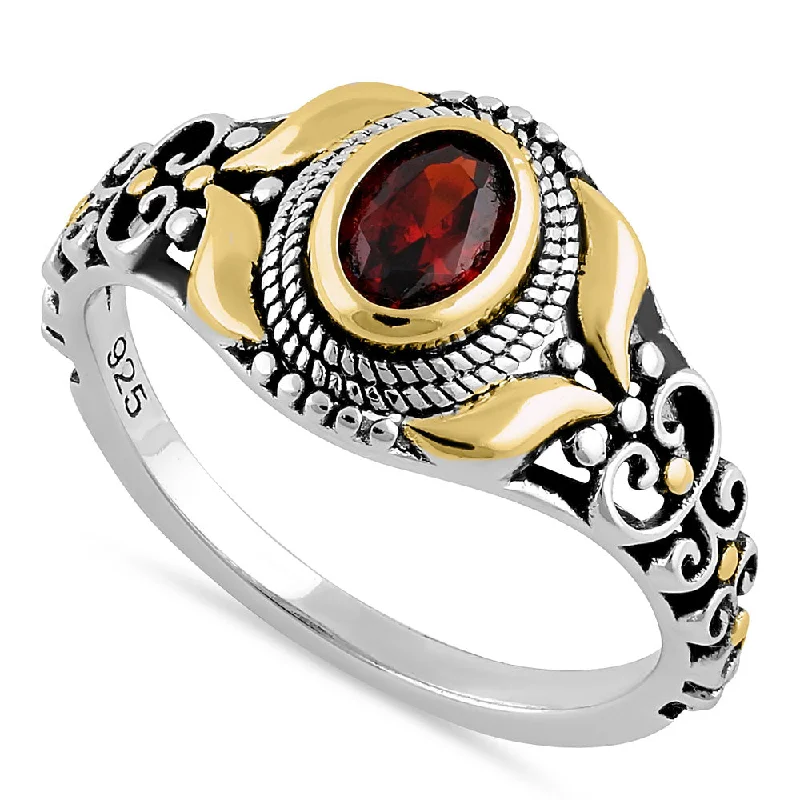 Sterling Silver Gold Plated Detailing Austere Oval Cut Dark Garnet CZ Ring