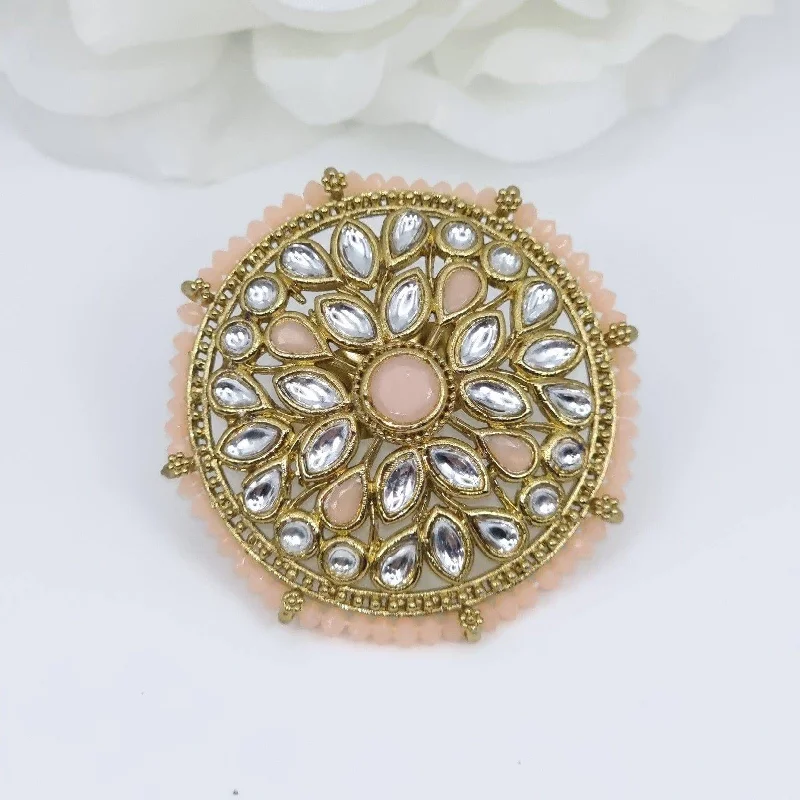 Kundan Mandala Statement Ring - Peach