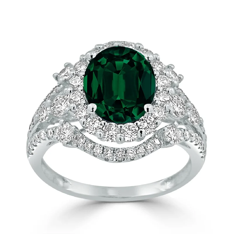 Auriya Vintage 2 1/2ct Oval Emerald and Halo Diamond Ring 1 1/5ctw 18K Gold