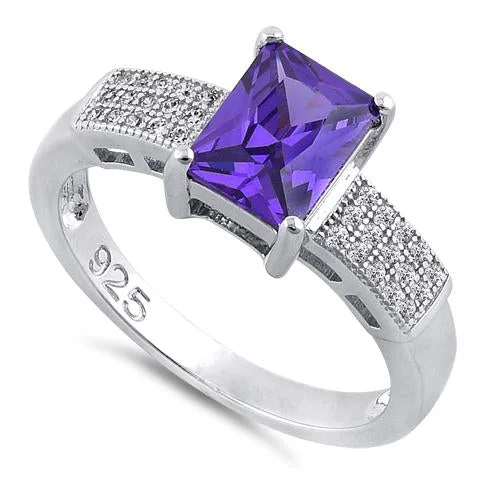 Sterling Silver Emerald Cut Amethyst CZ Ring