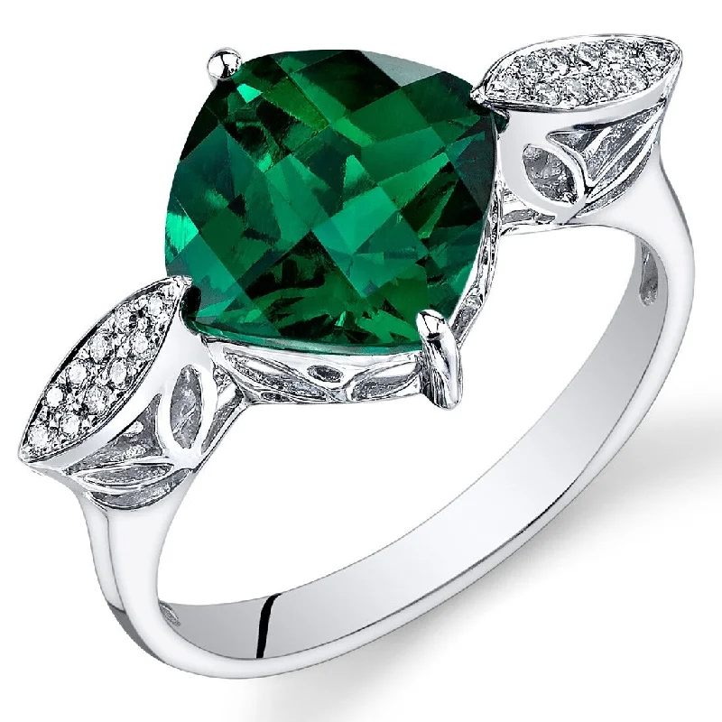 14k White Gold 3ct Created Emerald and Diamond Ring