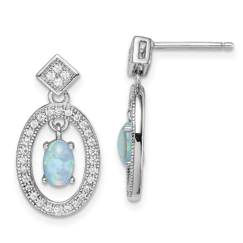 Curata 925 Sterling Silver Rhodium Plated Simulated Opal and Cubic Zirconia Post Long Drop Dangle Earrings - 20.